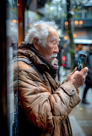 An elderly Japanese man with grey hair and a thick winter coat looks at the screen of his smartphone, AI generated, AI generated