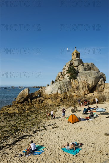 Beach and chapel on rocks, Port Blanc, Cote de Granit Rose, Cotes d'Armor, Brittany, France, Europe