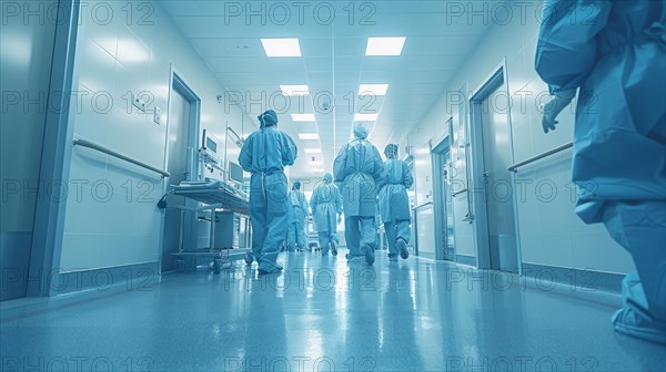 Medical staff in scrubs walking down a sterile hospital corridor, AI Generated, AI generated