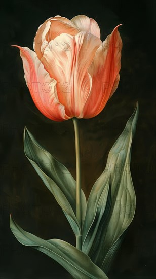 Vibrant and realistic botanical art of a blooming tulip in color, ai generated, AI generated