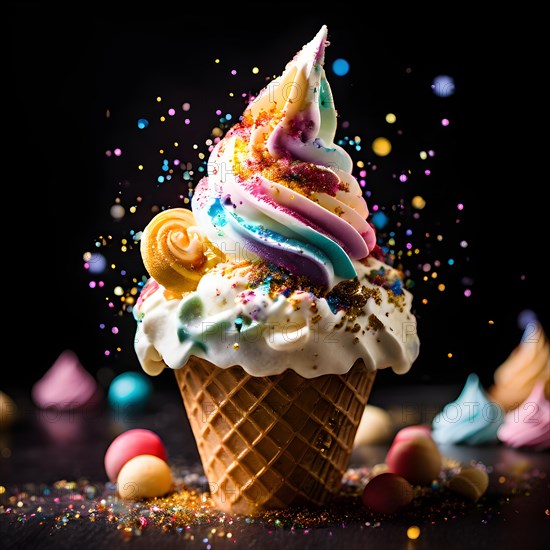 Whimsical unicorn ice cream sundae with rainbow swirls edible glitter and a golden horn, AI generated