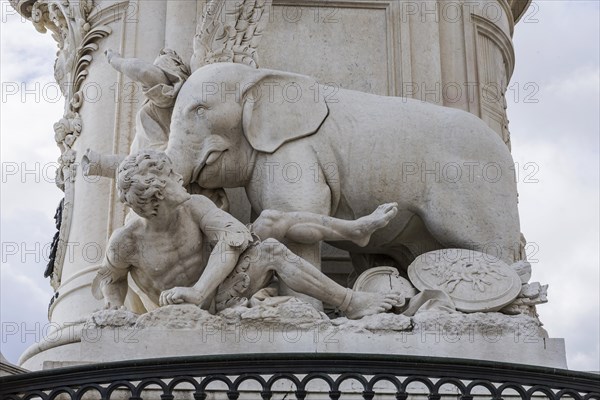 Part of the monument with elephant and war victim from the equestrian monument Dom Jose, sculpture, monument, old town, centre, historical, attraction, city view, city centre, city trip, travel, holiday, sight, landmark, building, history, city history, capital, Praca do Comercio, Lisbon, Portugal, Europe