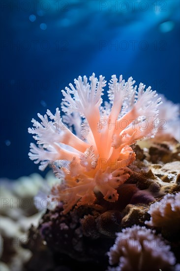 Close up photo of a single coral polyp transitions from vibrant hues to white, AI generated