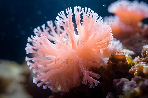 Coral polyp transitioning from vibrant hues to pallid white, AI generated