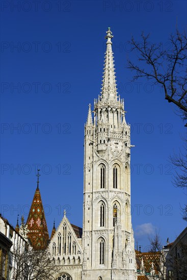 Matthias Church at the Fisherman's Bastion, building, travel, city trip, tourism, overview, Eastern Europe, architecture, building, history, historical, cityscape, attraction, sightseeing, church tower, craft, building craft, architecture, capital, Budapest, Hungary, Europe