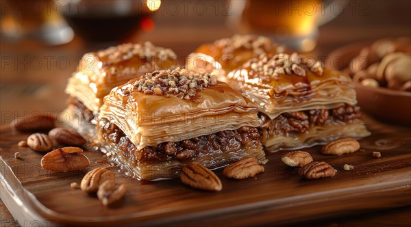 Golden sweet baklava topped with pecans on a rustic table, ai generated, AI generated
