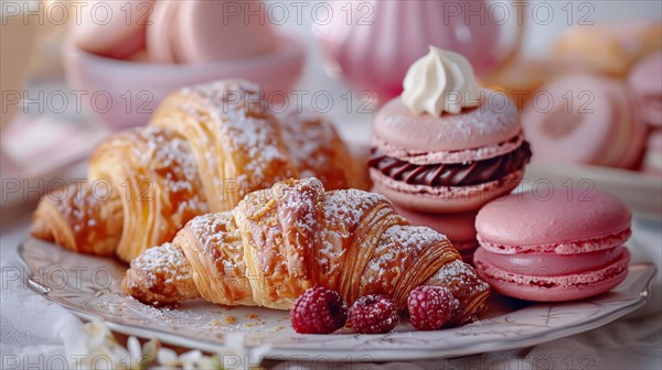 Delicious array of macarons, sugary croissants, raspberries, and a meringue on a plate, ai generated, AI generated