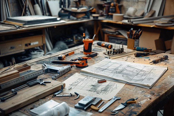 Organized chaos in a woodworker's workshop with tools scattered around wood pieces and blueprints, AI generated