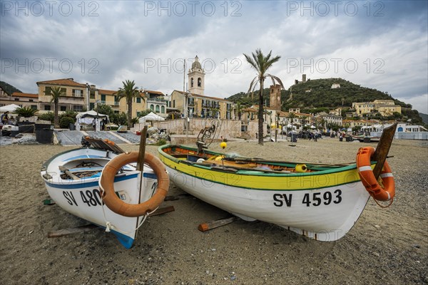 Fishing boats on the beach, Noli, Riviera di Ponente, Liguria, Italy, Europe