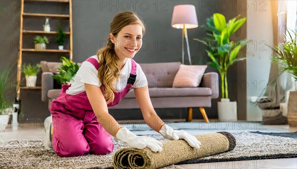 AI generated, Your woman is laying a new carpet in the living room