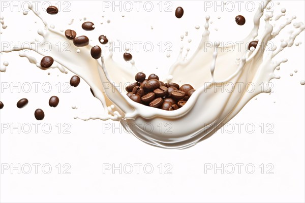 Milk or yogurt splash with raw coffee beans on white background. KI generiert, generiert AI generated