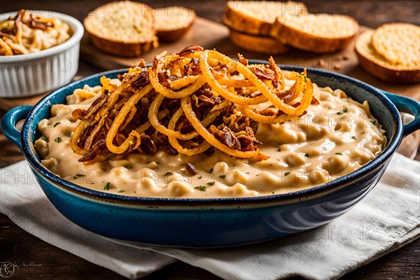 Spaetzle in a velvety cheese sauce with crispy fried onions, AI produced, AI generated