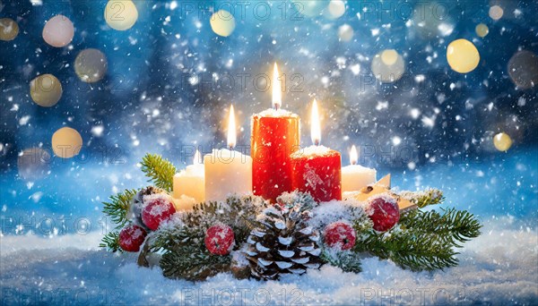 Ai generated, Advent wreath with burning candles, Christmas season, Christmas decoration, 4th Advent, Fourth Advent