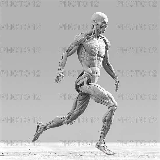 Black and white image of an anatomical model showing muscular structures in a running pose, AI generated, AI generated