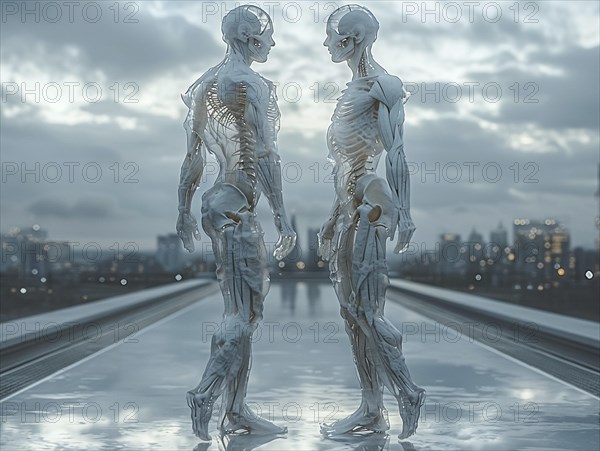 Two skeletons face each other, reflected on a wet surface against an urban backdrop, AI generated, AI generated, AI generated