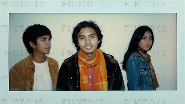 Vintage film 35mm retro portrait photo of a asian indonesian of Three individuals in casual clothing captured in a serious collective portrait with a photo effect, AI generated