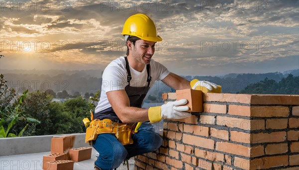 AI generated, A bricklayer inspects a brick wall, 30, 35, years