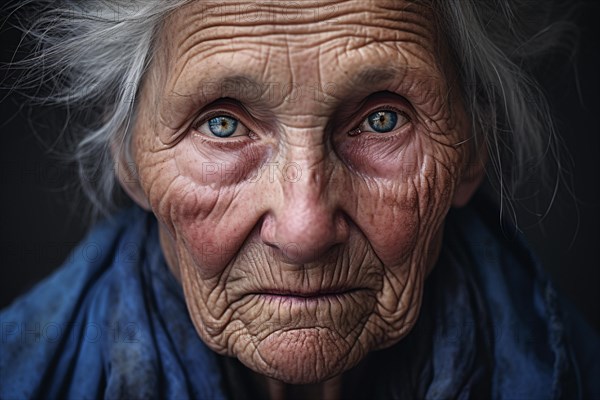 Face of very old and very wrinkled face of woman with sad eyes. KI generiert, generiert AI generated