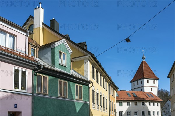 Facades, chimneys and dormers in Baeckerstrasse with Illertor, Kempten, Allgaeu, Bavaria, Germany, Europe