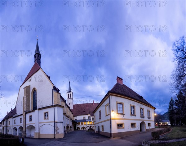 Goess Abbey at the blue hour, former monastery of the Benedictine nuns, panoramic view, Leoben, Styria, Austria, Europe