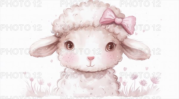A fluffy cartoon lamb sticker with a pink bow and endearing eyes, ai generated, AI generated