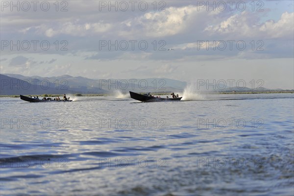 Fast-moving boats leave tracks on the water, surrounded by nature, Inle Lake, Myanmar, Asia