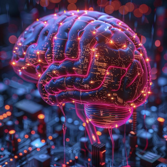 Medical a human head with brain and computer chip, symbol image KI in the human brain, ai generated, AI generated