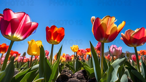 Multicolored tulips blanket an expansive field, AI generated