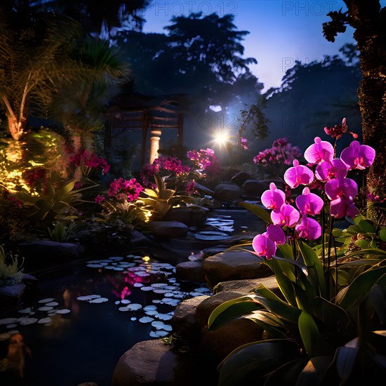 Tranquil orchid garden bathed in the soft glow of twilight capturing a serene aura of peace, AI generated