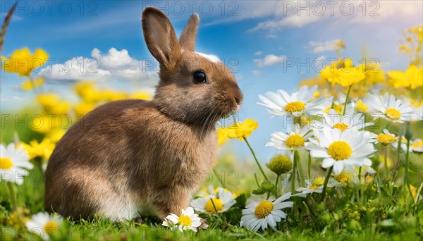 KI generated, A colourful dwarf rabbit in a meadow with white and yellow flowers, spring, side view, (Brachylagus idahoensis)