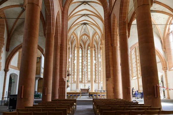 Interior of a large church (Heiligkreuzkirche), with high arches and long pews, Heidelberg, Baden-Wuerttemberg, Germany, Europe