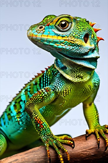 European green lizard portrait with its vibrant colors in hues of green and blue, AI generated