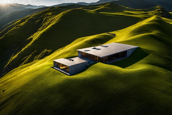 House nestled within a hillside grass blanketed roof harmonizing with the landscape, AI generated, building, architecture, modern