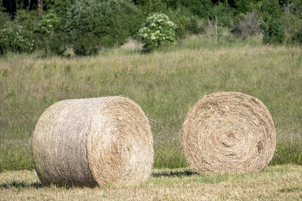 Two round hay bales on a green field in daylight