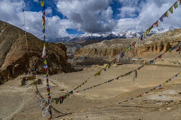 Tibetan praying flags, Garphu, Kingdom of Mustang, Nepal, Asia