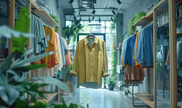 Modern clothing store with a vibrant yellow shirt displayed among other garments and plants AI generated