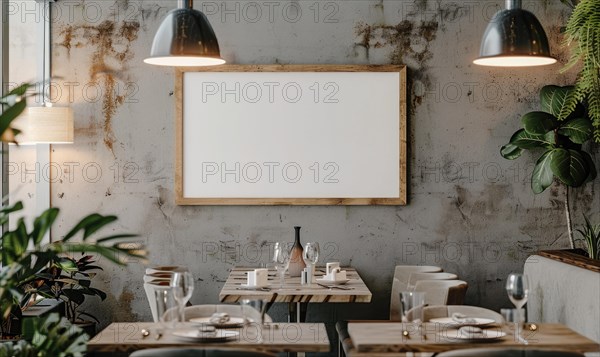 Rustically styled restaurant with an inviting dining table set and an empty frame under pendant lights AI generated