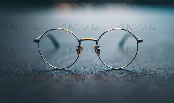 Round minimalist eyeglasses with a thin metal frame on a reflective surface AI generated