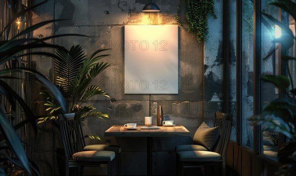 Cozy restaurant corner at night with a tropical vibe and a blank canvas on a concrete wall AI generated