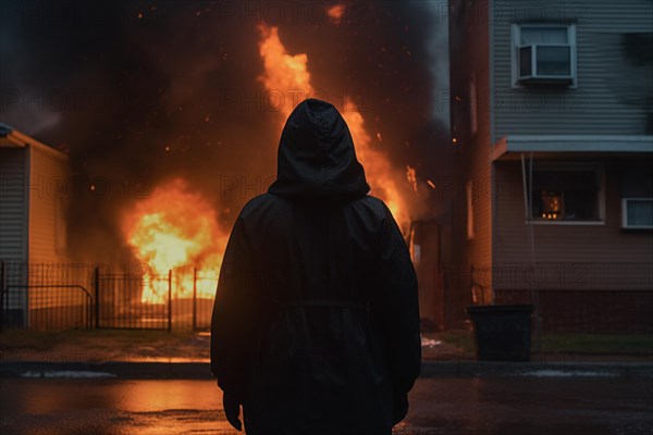 Back view of hooded person in front of burning building at night. Arson crime concpet. KI generiert, generiert AI generated