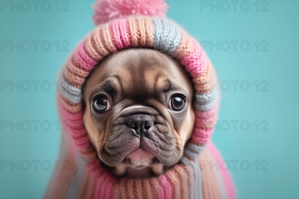 Cute French Bulldog dog with knitted colorful winter hat on pastel blue background. KI generiert, generiert AI generated