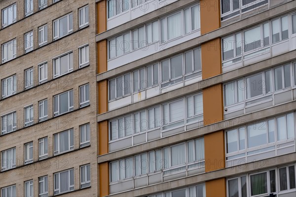 Urban apartment complex with orange-coloured balconies and many windows, Blankenberge, Flanders, Belgium, Europe