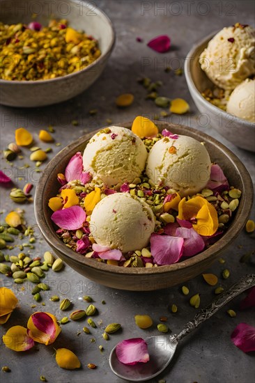 Artisanal ice cream bowl featuring scoops of rose petal pistachio and saffron flavors, AI generated