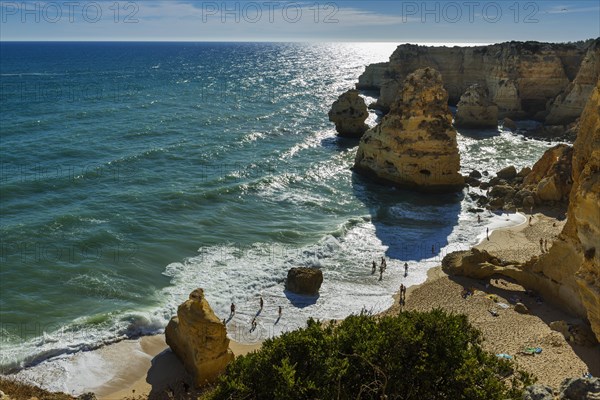 Beach, beach area in the Algarve, summer holiday, weather, sunny, Atlantic, beach, beach holiday, summer holiday, travel, holiday, tourism, nature, rocky, rocks, landscape, coastal landscape, rocky coast, cliffs, bay, bay of the sea, sea, Carvoeiro, Portugal, Europe