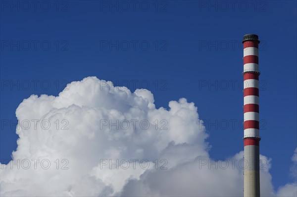 Chimney of a power plant in Sines, red, white, blue sky, power plant, energy, environment, climate, Co2, atmosphere, air pollution, exhaust fumes, industry, fossil, fossil energy, refinery, air, pure, clear, clean, no smoke, emission