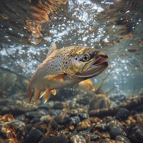 Salmon (Salmo salar) on the migration and swim up a stream in shallow, clear water, ai generiert, AI generated