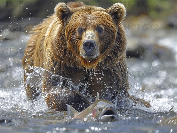 A brown bear hunts salmon in shallow clear water, AI generated