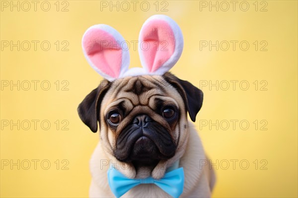 Funny pug dog with Easter bunny costume ears and bow tie on yellow studio background. KI generiert, generiert AI generated