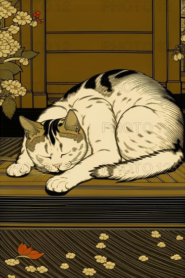 A fat cat sleeps on a tatami floor in a traditional Japanese ukiyo-e style artwork, vertical aspect, AI generated