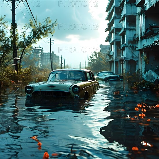 Abandoned cars half submerged in a flooded city street, AI generated